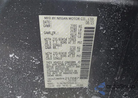 2015 Nissan Murano S из США, поврежденный, VIN 5N1AZ2MH9FN257087